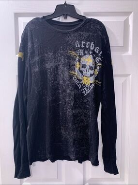 Affliction Black Long Sleeve Graphic Skull Shirt with Yellow Accents